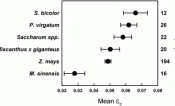 Calculated εc means in 10 major food crops. Crops are organized by C4, C3 nonlegume, and C3 legume categories. Sample size is shown on the right axis. Error bars represent 90% confidence intervals.